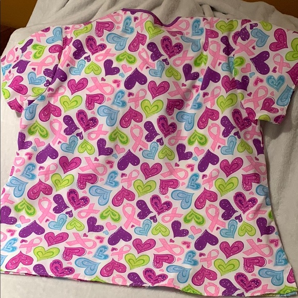 BNWOT Colorful Heart Cancer Rivbon Print Scrub Top by Just Love - Picture 5 of 5